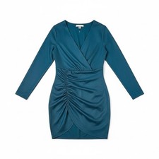 Fourteenth Place New Metallic Long Sleeve Ruched Surplice Mini Dress Teal Medium