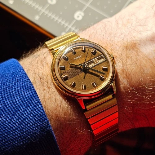 1974 Timex Mercury Two-Tone Watch Automatic Day/Date Runs Great Retro Fashion