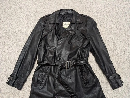1980s vintage TRENCH COAT leather 42 double breasted BELTED black SHERLOCK image 8