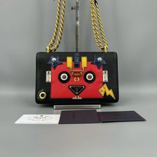 AUTH Prada Robot Limited Edition Black & Red Leather Gold Hardware Crossbody Bag