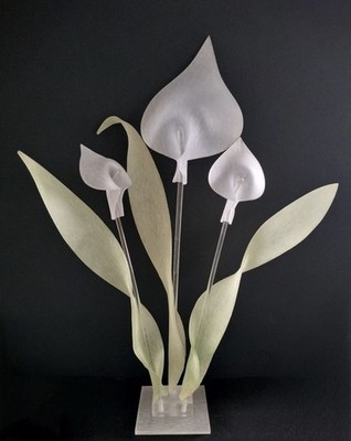 Vintage 1980s Frosted Lucite & Glass Calla Lily Blue & White  Sculpture w/ Stand