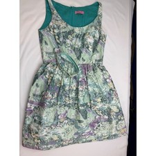 Eliza J Women Mint Green Purple Abstract Floral Tiered Fit Flare Dress with Belt