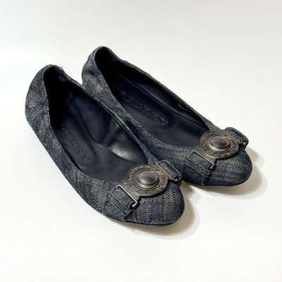 Burberry Grainy Leather Round Ballerina Flats Indigo Denim Fabric EU 37.5 US 7.5
