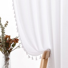 White Linen Curtains 90 Inches Long 2 Panels Cream Boho Semi Sheer Curtains T...