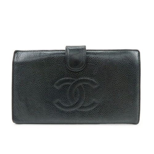 CHANEL COCO Mark Cavierskin Long Wallet Black Authentic Used F/S