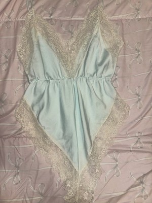 Vintage Ms. Leslee Vintage Blue Ivory Floral Lace Body Suit Teddy Size Medium M