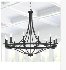 Chandelier Acroma 12 Light 40In Modern Farmhouse Wagon Wheel Matte Black