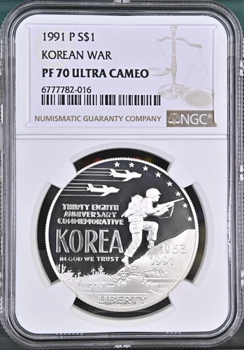 :1991-P S1$ Korean War Commemorative Silver Dollar NGC PF70UC Rarity R4 Top Pop