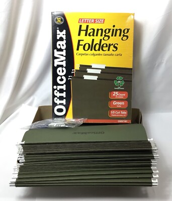 Office Max Hanging File Folder 1/5-Cut Tab Letter Size Green (25 Count + Extra)