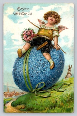 c1910 Fantasy Angel Sitting On Huge Exaggerate Egg Rabbit Germany Easter P81A