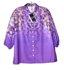 C.O.Z.Y. Purple Floral 3/4 Sleeve Oversized Comfort Fit Womens Blouse Size M NWT