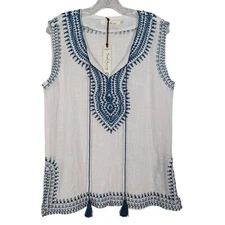 Solitaire by Ravi Khosla sleeveless blue white Summer bohemian embroidered Tunic