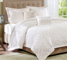 IVORY CHENILLE Full Queen COMFORTER SET : CREAM COTTAGE VINTAGE SCROLL