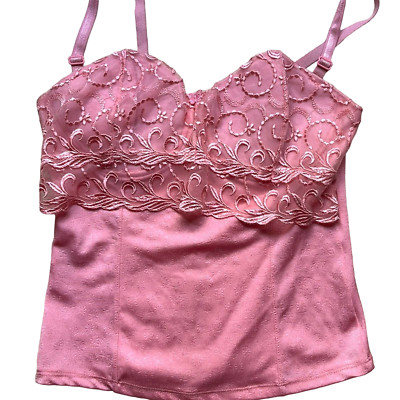 Pink Padded Floral Lace Fitted Chemise with Removable Straps, Size L