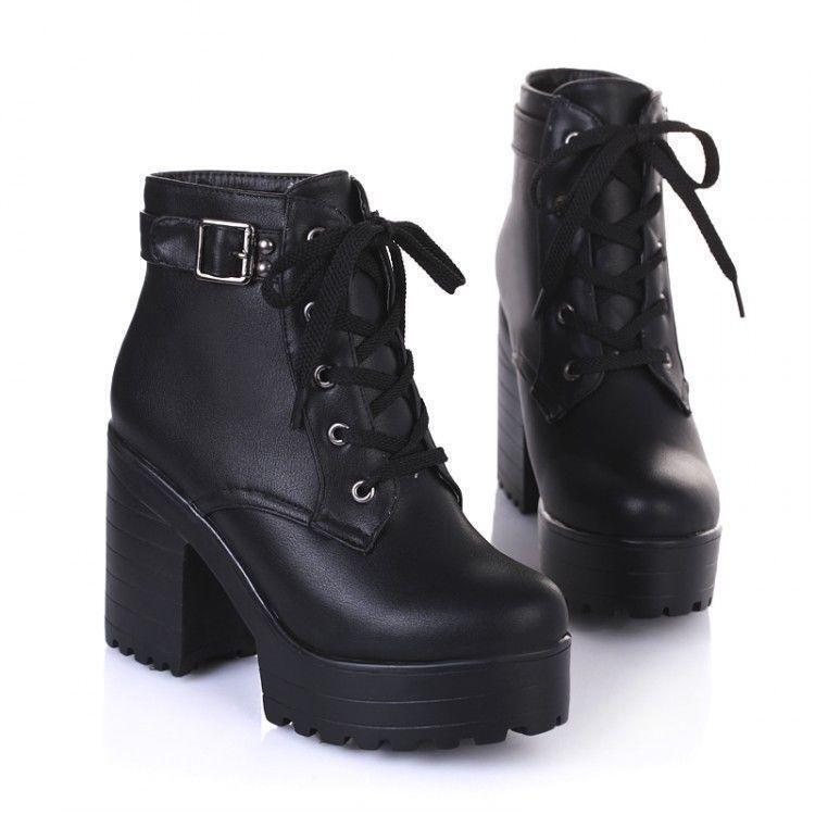 2016 Womens chunky heel platform lace-up punk goth creeper ankle boots  shoes