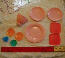VTG Child's tea set plastic pink blue green orange Payton dishes Hong Kong