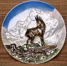 Vintage West German Plate Decorative 3D Relief Alpine Ibex Scene Colorful 9"