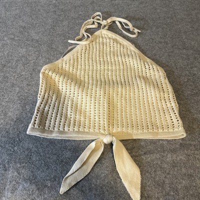 GUESS Textured Knit Halter Top Beige  Med Tie Lined Casual Chic Boho Preppy