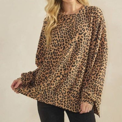 Camel Leopard Print Ribbed Top By Heimish USA Relaxed Oversized Fit Size M