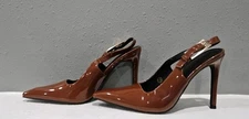 Womens 7.5 Cognac Brown Patent Leather Pointed Toe Slingback Pumps Gold Buckle