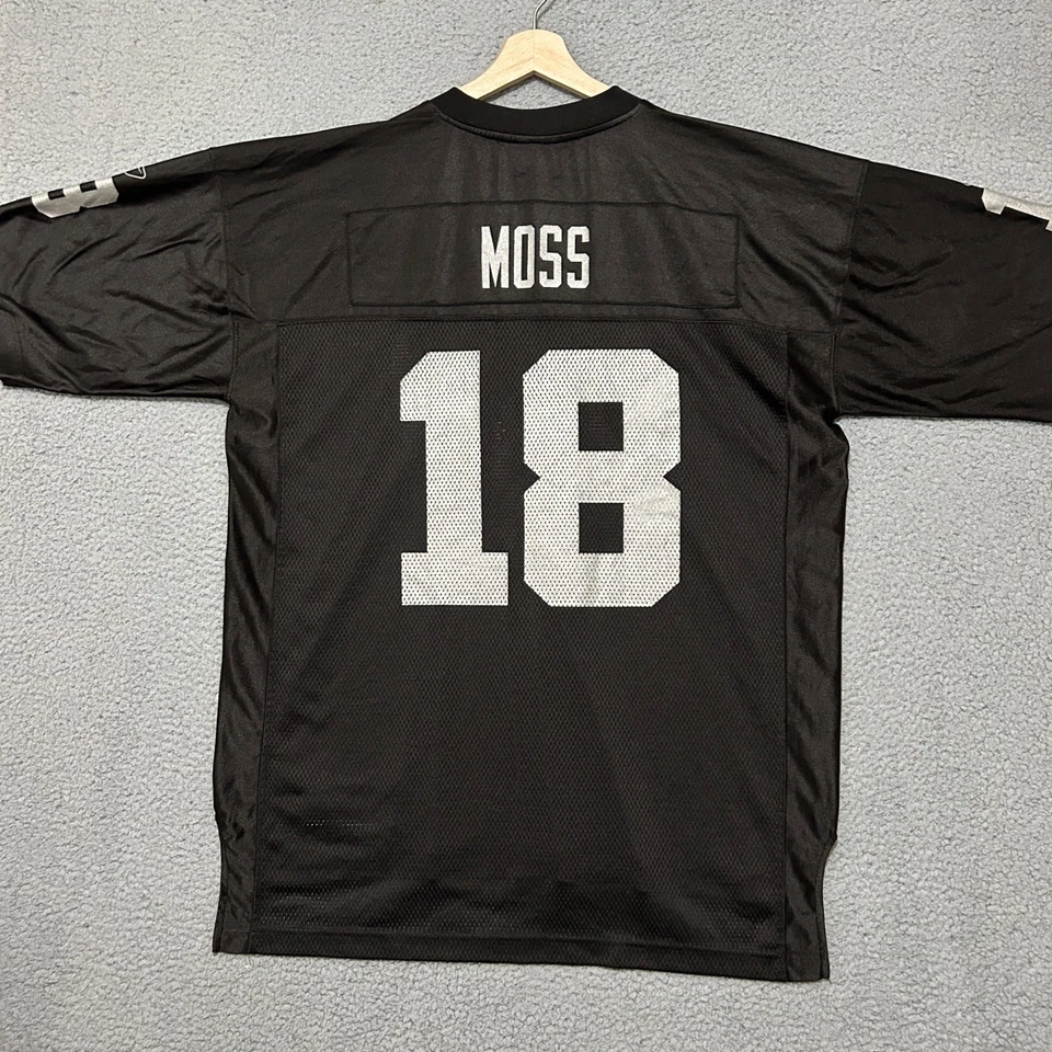 Camiseta deportiva vintage de los Oakland Raiders #18 Randy Moss Reebok para hombre XL negra fútbol americano de la NFL Foto 2 de 4
