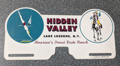Vintage Metal Hidden Valley Lake Luzerne NY Dude Ranch License Plate Topper RARE