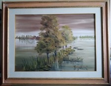 Quadro Olio su tela 50x70-con vetro "Lago Palustre"-dipinto del 1980-f.Galusi