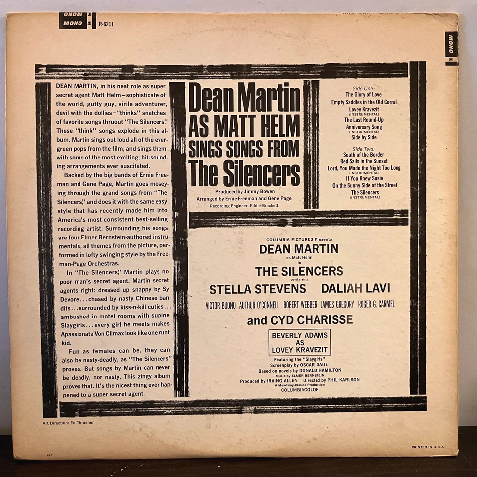 DEAN MARTIN - The Silencers Soundtrack (1966 Mono) - 12" Vinyl Record LP - VG - Image 2 of 3