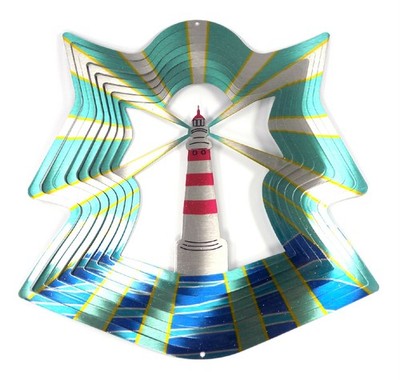 SS 3D Wind Spinner Lighthouse Blue Teal Silver Heavy Stainless-Steel Crystal Orb