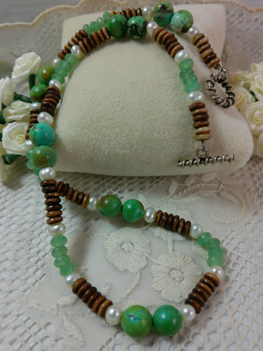 Vintage Süßwasser Perlen Türkis Stein facettiert Jadit Holz Perlen Boho Halskette - Bild 1 von 19