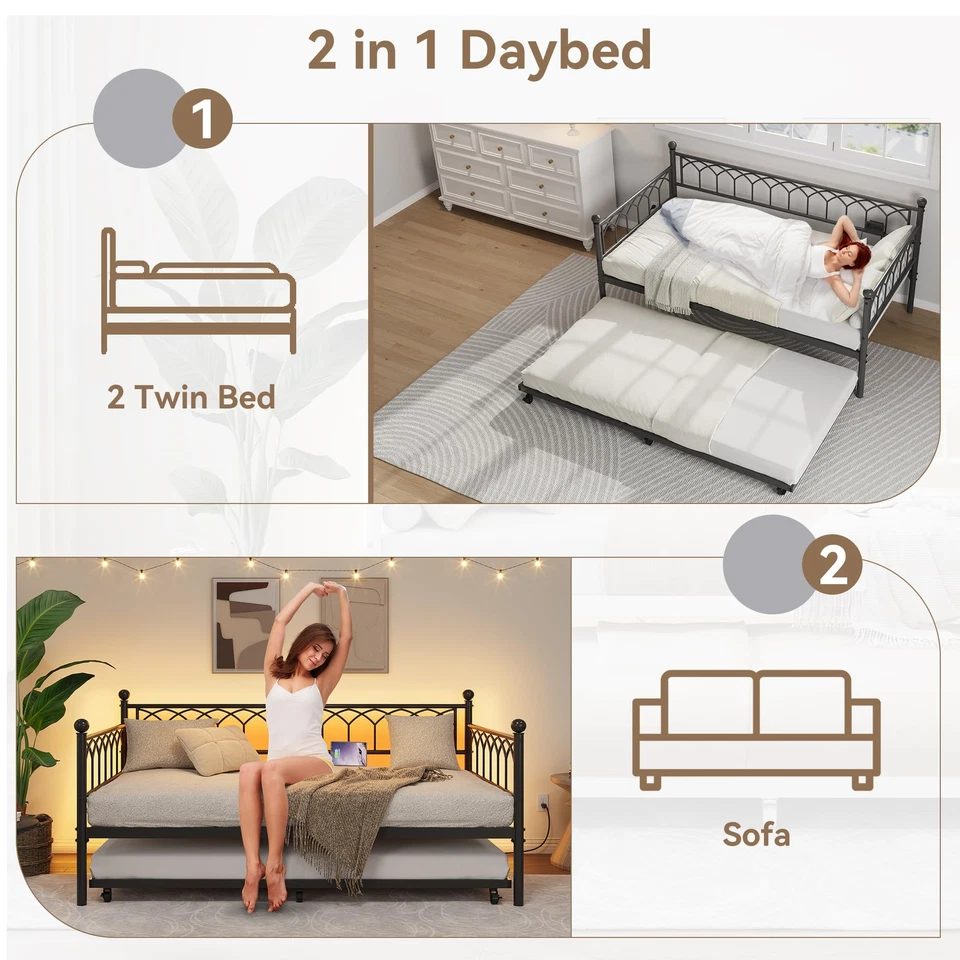 Cama de día con nido, marco de cama de día de tamaño doble con estación de carga y luces LED Foto 3 de 4