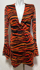 Pretty Little Thing Women 10 Orange Black Zebra Striped Dress Bodycon