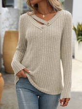 Womens Ribbed Knit Button Detail V-Neck Jumper Pullover Long Sleeve Casual Top