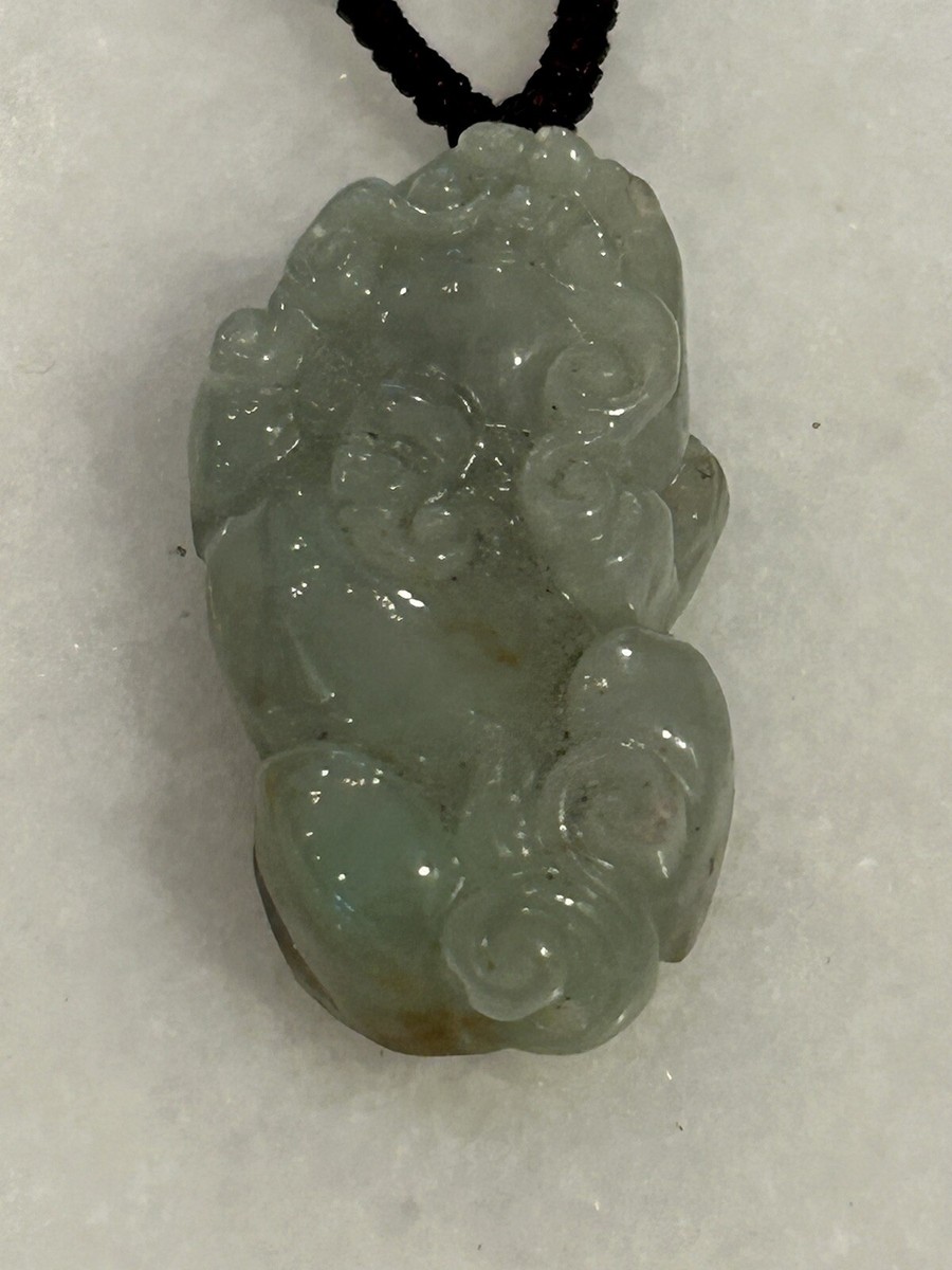 Carved Jade Shishi Chinese Guardian Lion Foo Dog Pendant on