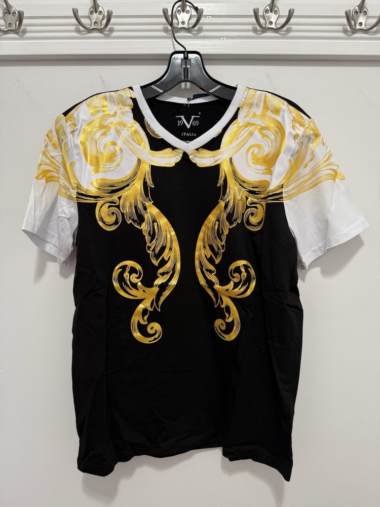 19V69 Italia By Versace Baroque-inspired Black Crew Neck T-Shirt Men Size XL