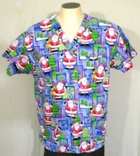 Peaches Uniforms Large Multicolor Scrub Top Santas Snowflakes Christmas Trees
