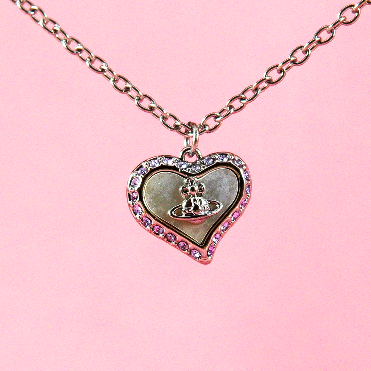 Vivienne Westwood Petra Necklace Silver tone Heart Pendant Lilac