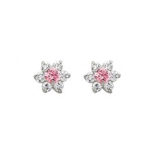 .925 Sterling Silver Pink  Clear Cubic Zirconia Flower Stud Earrings Screw Back