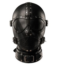 Premium Black Leather Hood Mask with Removable Eye Shield & Adjustable Face Cove