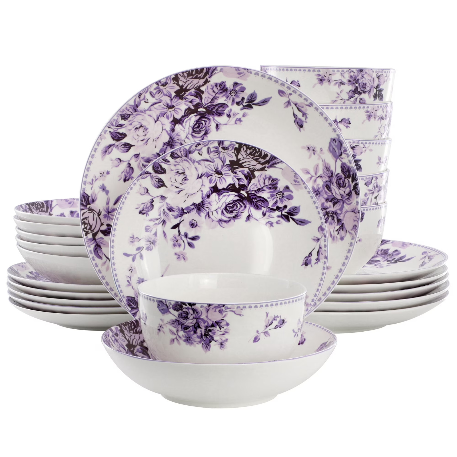 Elama Traditional Purple Rose 24 Piece Porcelain Double Bowl