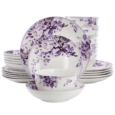 Elama Traditional Purple Rose 24 Piece Porcelain Double Bowl Dinnerware Set