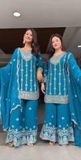 New Stylish Blue Pure Chinnon Silk Top Palazzo With Dupatta For Women Wear