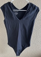 EVERLANE Ballet Black Cap Sleeve V Neck Stretch Bodysuit Women s Small