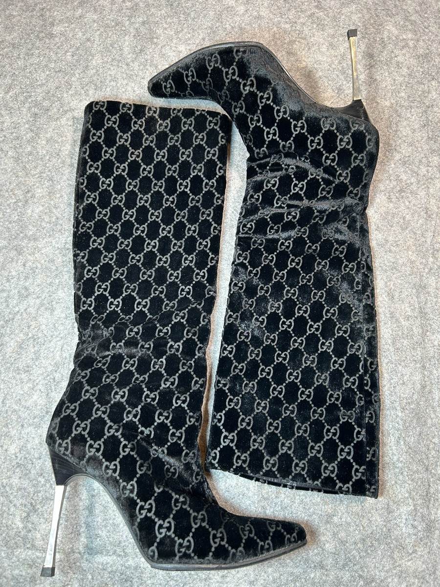 F/W 1997 Gucci by Tom Ford GG Monogram Black Pony Hair Boots Size
