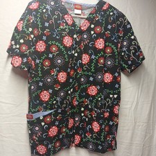 Dickies Scrub Top 3 Pocket Drawstring Floral/Black Women's Size M