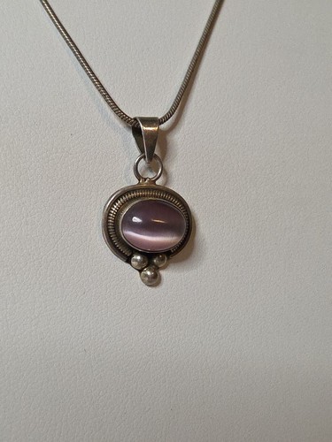 Vintage ATI Mexico 925 Sterling Silver Pendant Purple Cats Eye 925 Chain 16" - Picture 5 of 9