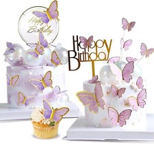 OWill 22-Pieces Butterfly Cake Decorations with Happy Birthday Acrylic Cake Top