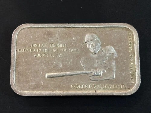 1oz Vintage SILVER BAR ROBERTO CLEMENTE Baseball Hall Of Fame .999 Bullion 1973