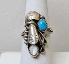 Vintage Sterling Silver Turquoise & Mother Of Pearl Squash Blossom Ring Sz 7.75