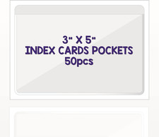 Clear Adhesive 3" X 5" Index Card Pockets with Top Open Loading, 50 Pack, Plasti